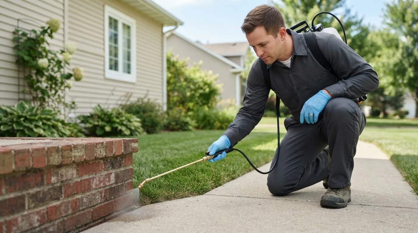 Pest control technician treating a home near Spickard, MO